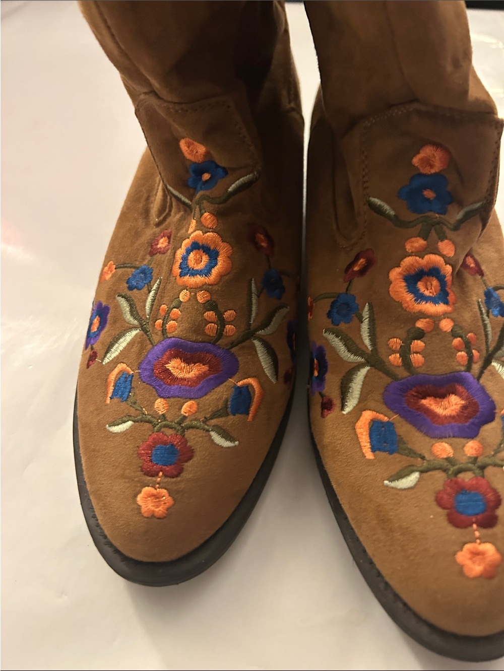 Embroidered Suede Western Ankle Boots - Brown